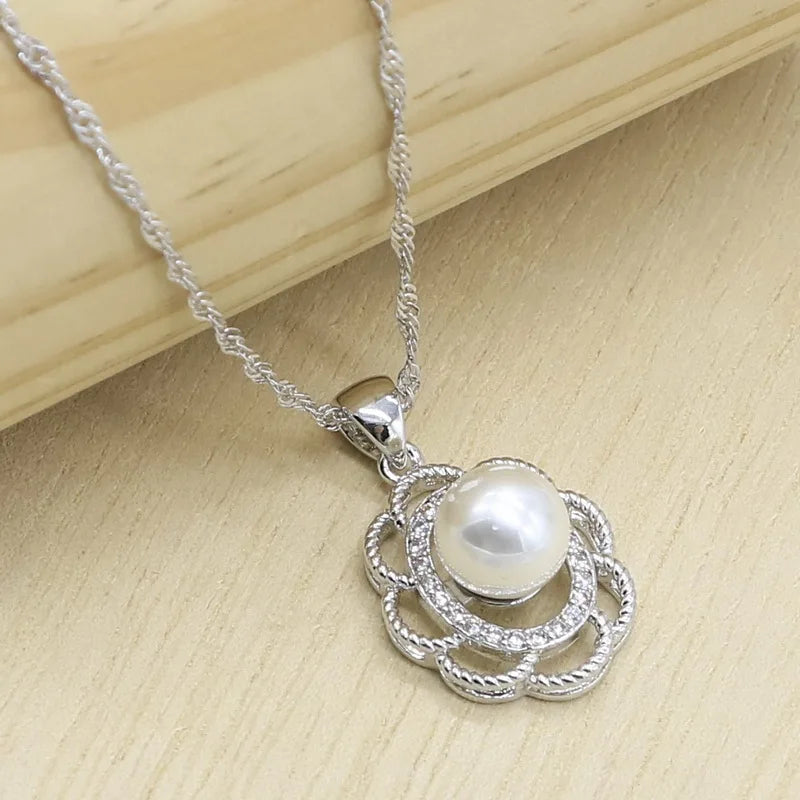 XOTICA 925 Silver Bridal Jewelry Set for Women Pearl Necklace Earrings Rings Pendant-Wedding or Party Gift