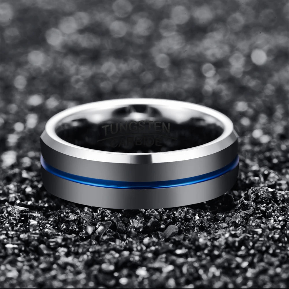 REBEL 8mm Width Polish Chamfer Edges Plated Blue groove Men's Tungsten Ring Jewelry Gift