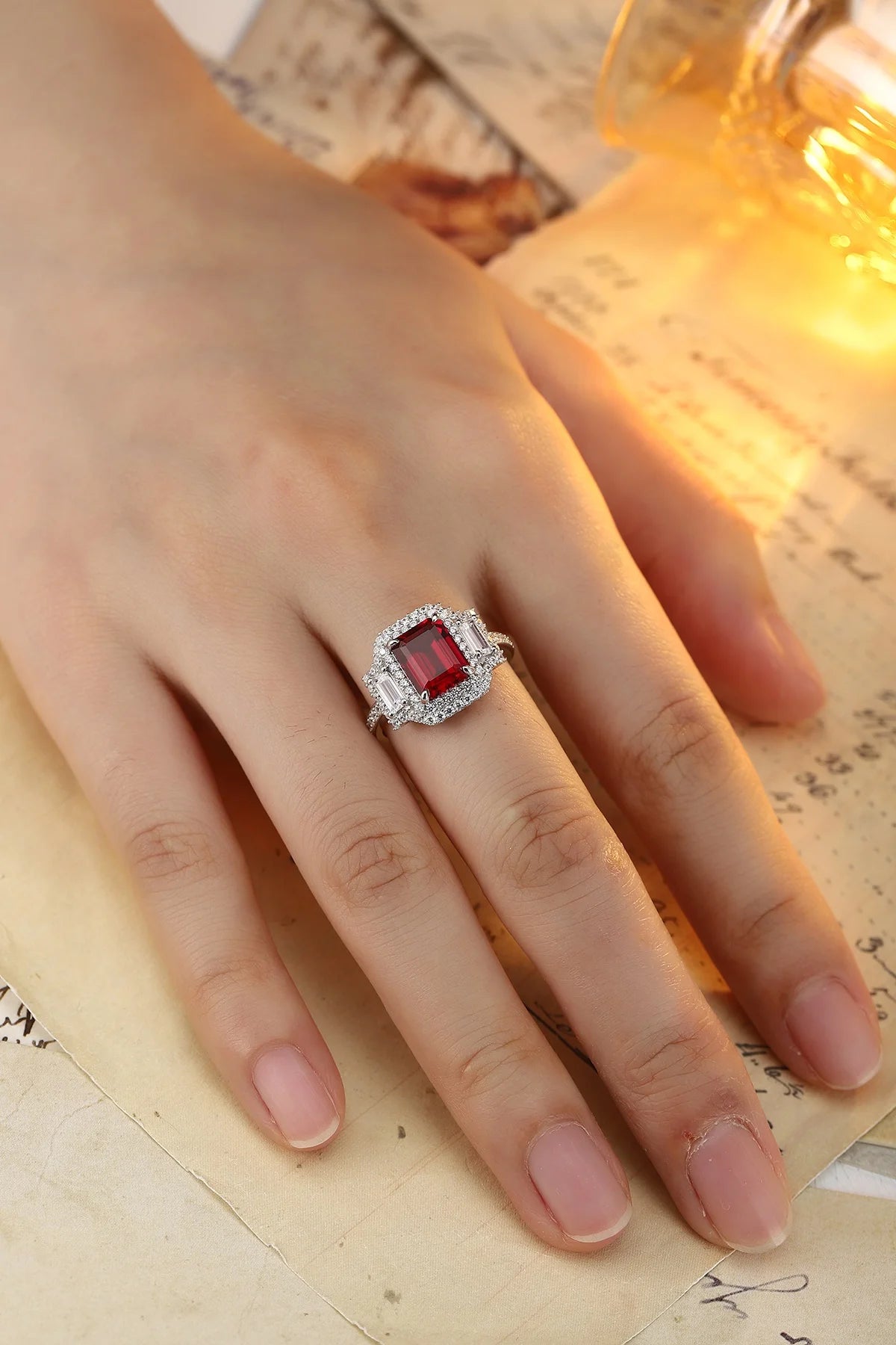 Gemfiori Retro-style Ruby Engagement Ring Sterling Silver 925 Rhodium Plated Prong Setting Vintage Wedding Ring for Her Gift & Party