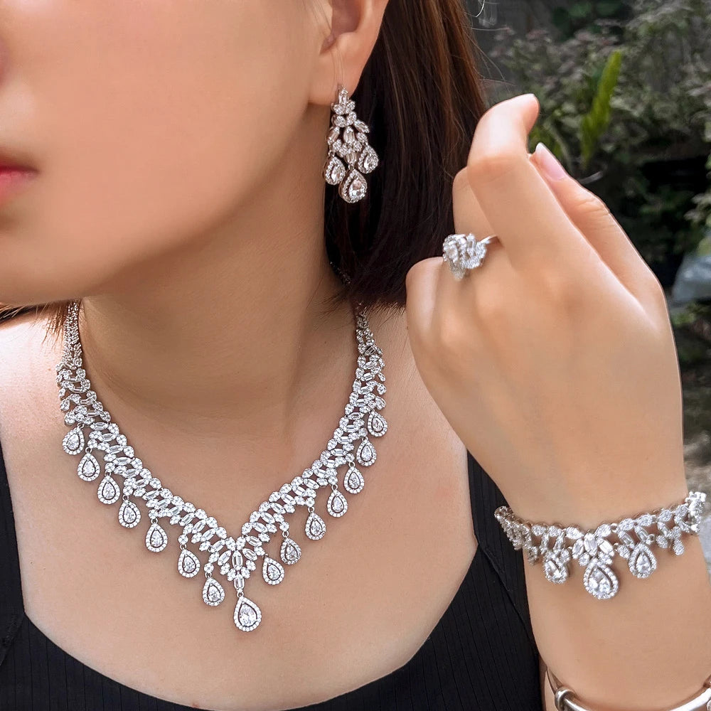 4pcs Cubic Zirconia Big Tassel Necklace Earrings Bracelet and Ring Luxury Wedding Bridal Jewelry Set for Women