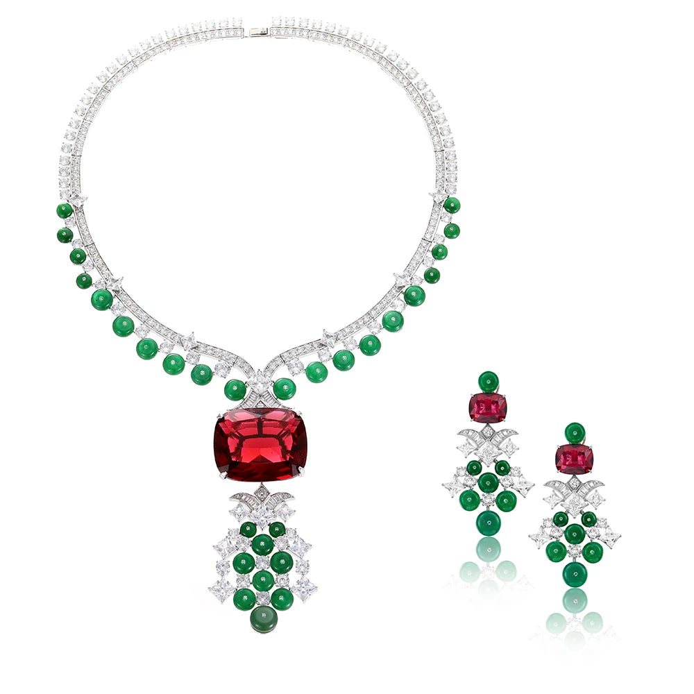 Women's High-end Red and Green Evening High-end Jewelry Set Inlaid with Zircon, Durable Brass Material, Non Oxidizing Banquet