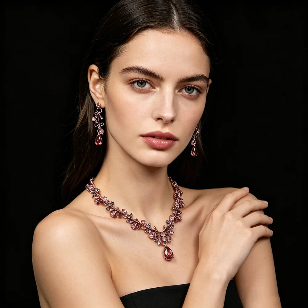 XM S390 Gold Plated Marquise Topaz Leaf & Gem Drop Collarbone Necklace & Earrings Set