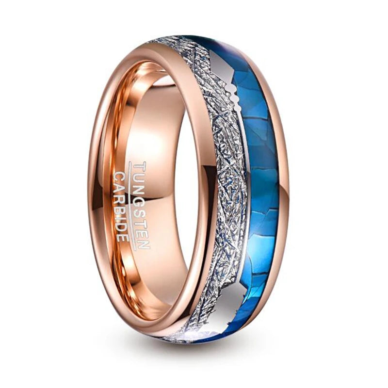 REBEL 8mm Width Rose Golden Plated Inlaid Blue Shell Imitation Meteorite Arrow logo Men's Tungsten Ring Jewelry