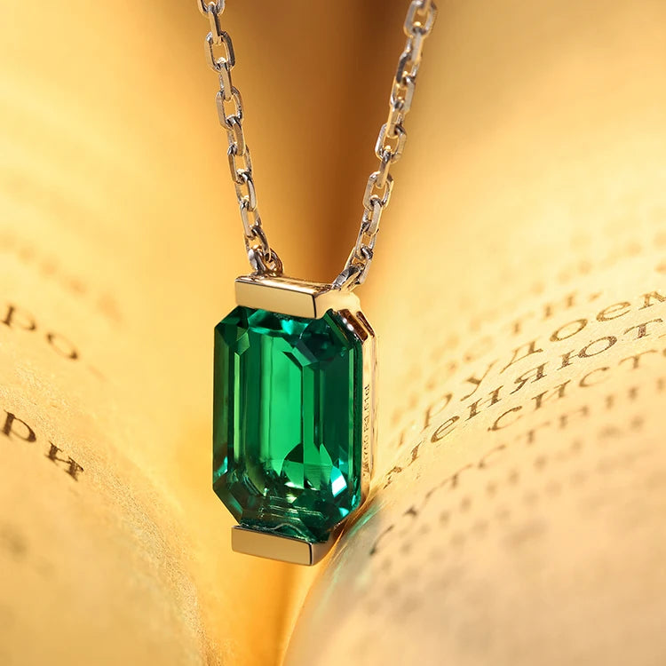 Gemfiori Lab Gemstones Emerald 9*6 Columbia Emerald 18K Gold Pendant Necklace for Womens