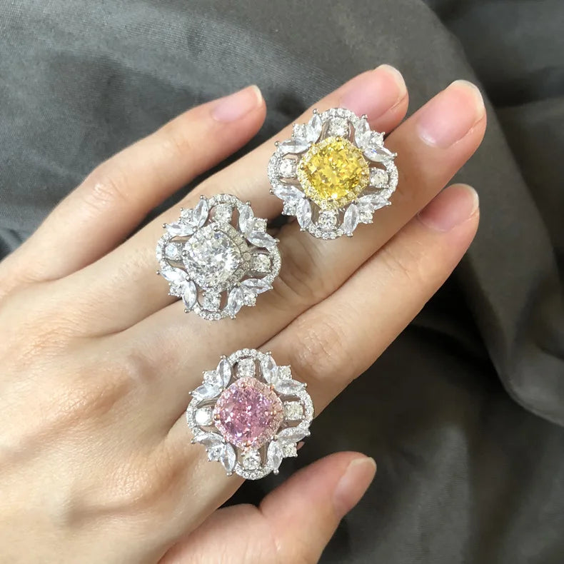 MuShan Jewelry Factory 4.5ct Ice Flower Cut Fat Square 8 * 8 High Carbon Diamond Ring for Women's Pure Silver Luxury Set Jewelry