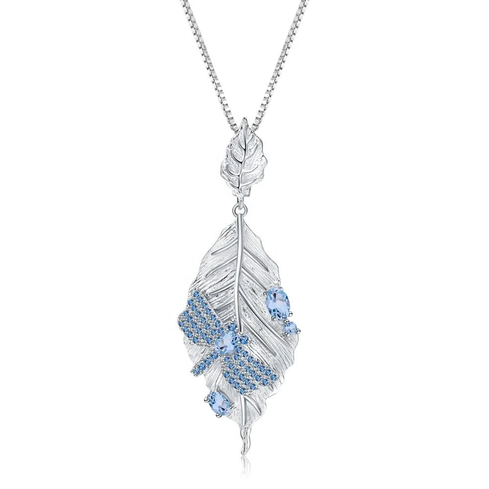 ArtistA Abiding Custom Designer Style 925 Silver Leaf Shaped Swiss Blue Topaz Dragonfly Necklace Earring Ring Jewelry Set for Women