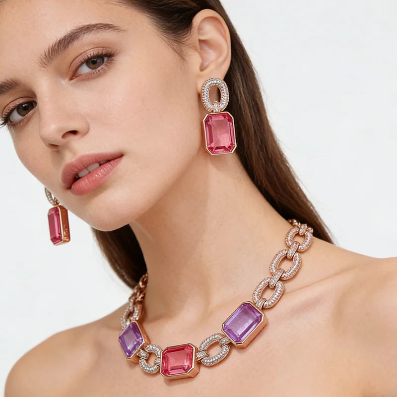 Rose Gold Pink Purple Set Modern Geometric Cutting Gem Neck Chain Earring Combination Exquisite Spicy Girl Banquet Party Jewelry