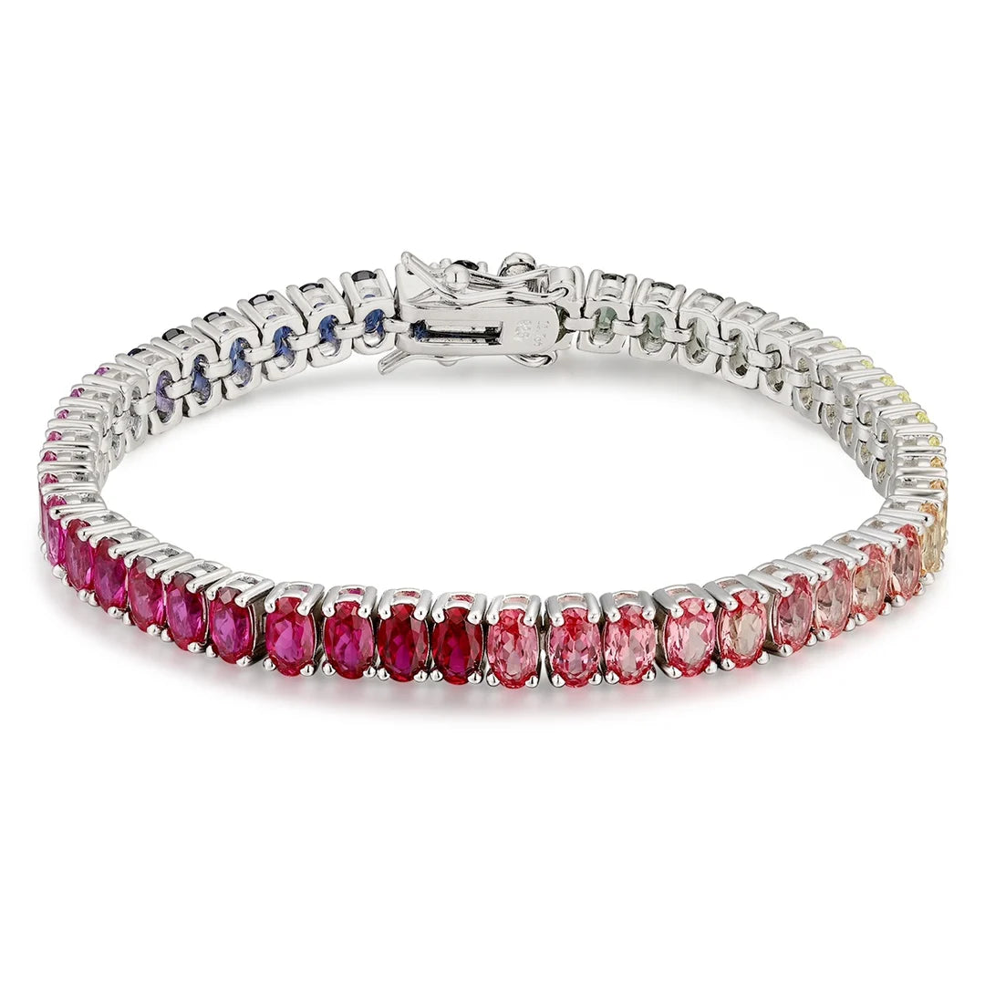 Gemfiori Anster Factory Price Trendy Oval Tennis Bracelet S925 Silver Hand Chain with Colored Sapphire Gemstones