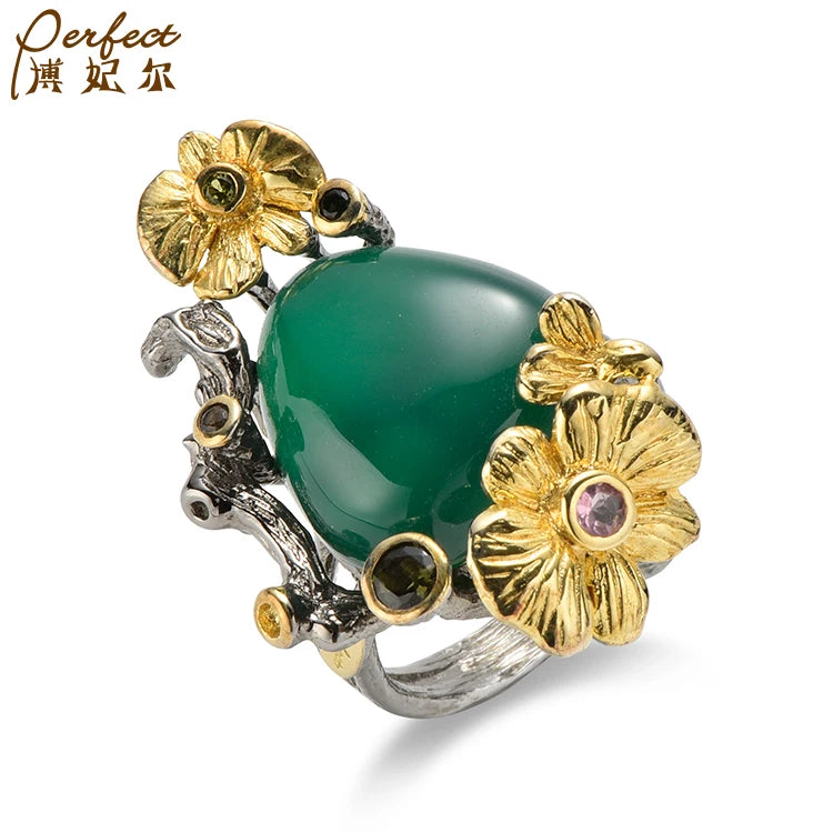 Wholesale Fashion Personality Green Agate Women Luxury  Sterling Silver Jewelry Rings