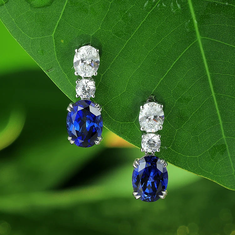 BiG-BOSS S925 Silver Oval Cut Lab Grown Sapphire Blue Color Gemstone Drop Earrings for Women