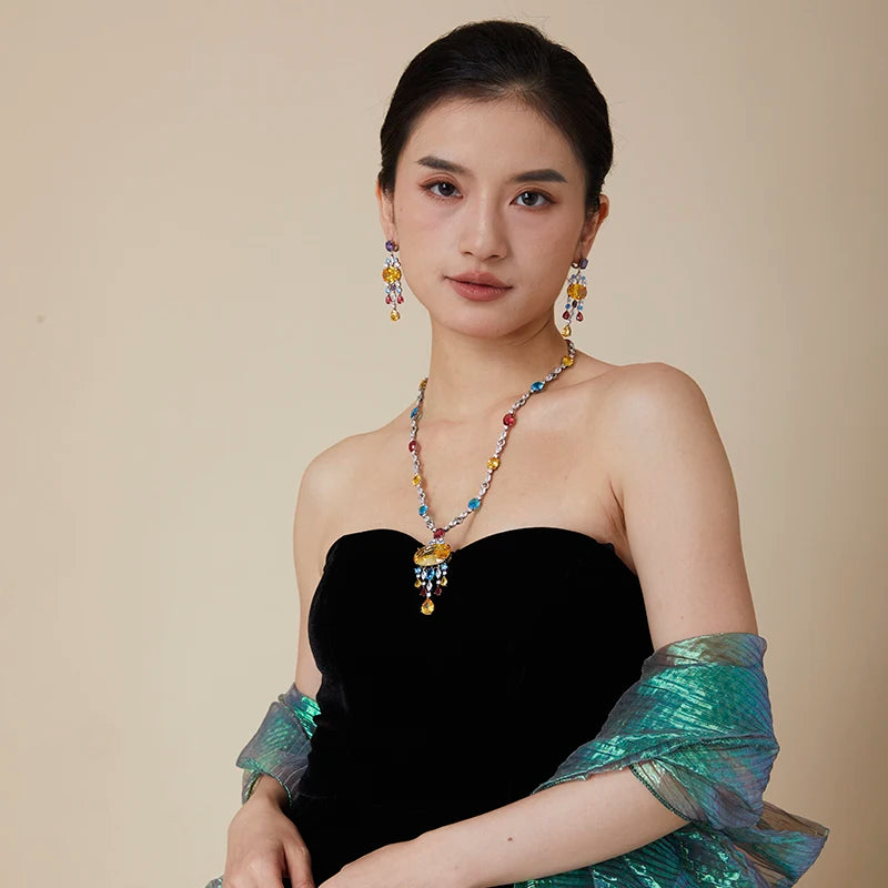 Dubai Fashion Brass Long Color Tassel Pendant Necklace with Earrings Jewelry Set Suitable for Weddings and Gifts
