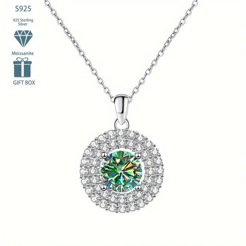 Dainty Double Halo Set Round Cut 1ct VVS GRA Colored Moissanite Jewelry Trendy 925 Sterling Silver Disc Pendant Necklace