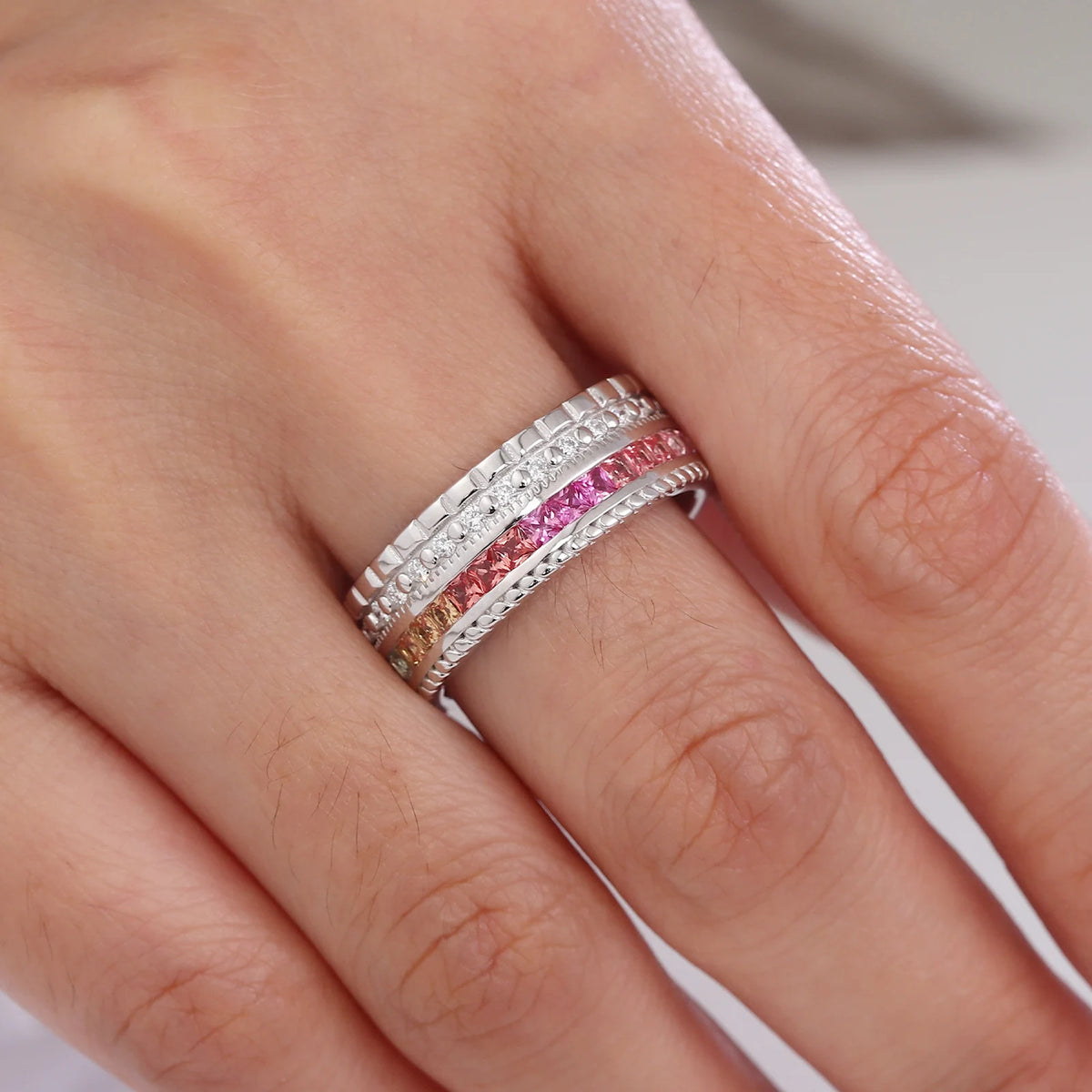 Gemfiori Princess New Geometric Diamonds Colored Lab Grown Gemstone Rings 18K 14K 10K Solid Gold Rainbow Crystal Ring for Women Girls