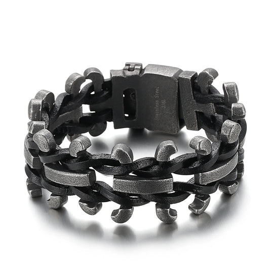 KALEN Personality Retro Leather Rope Stainless Steel Men's Motorcycle Bracelet