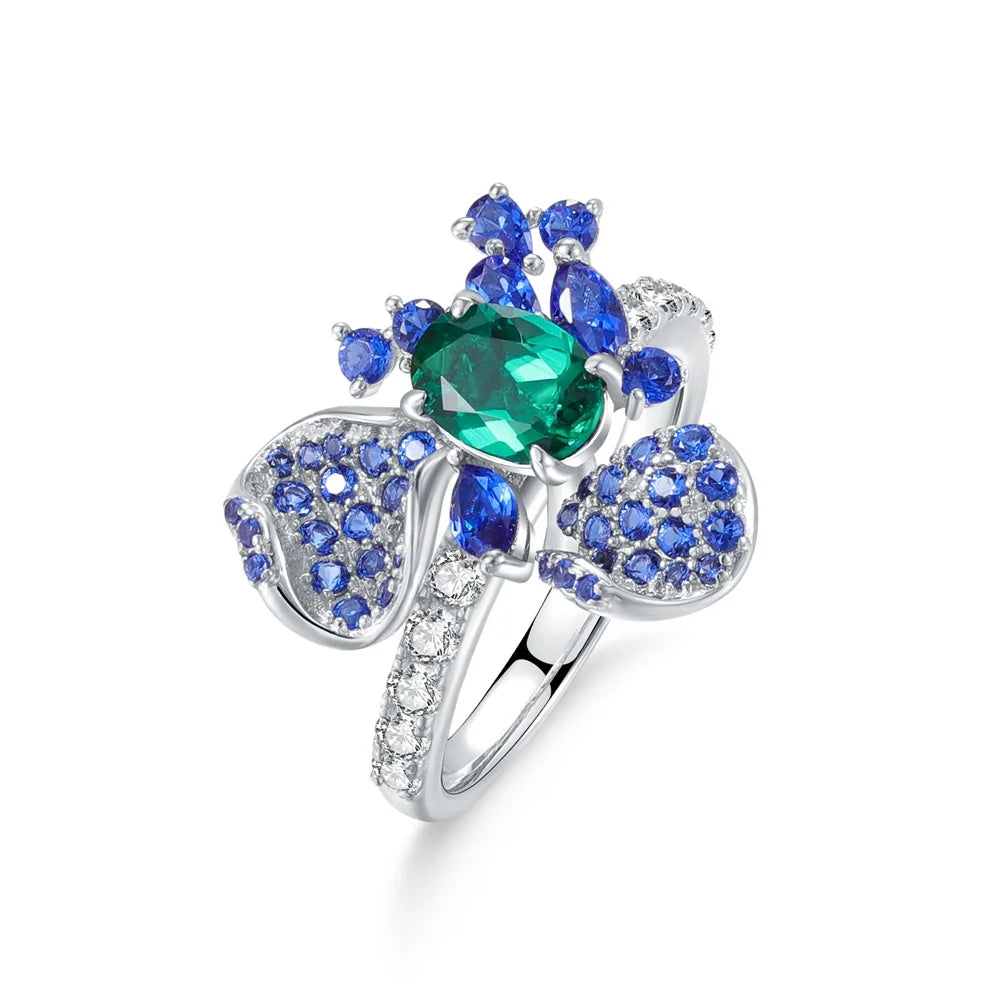 ArtistA Abiding Dazzling 925 Silver Colored Gemstone Cluster Prong Setting Premium Zambia Lab Grown Emerald Ring for Women Gifts