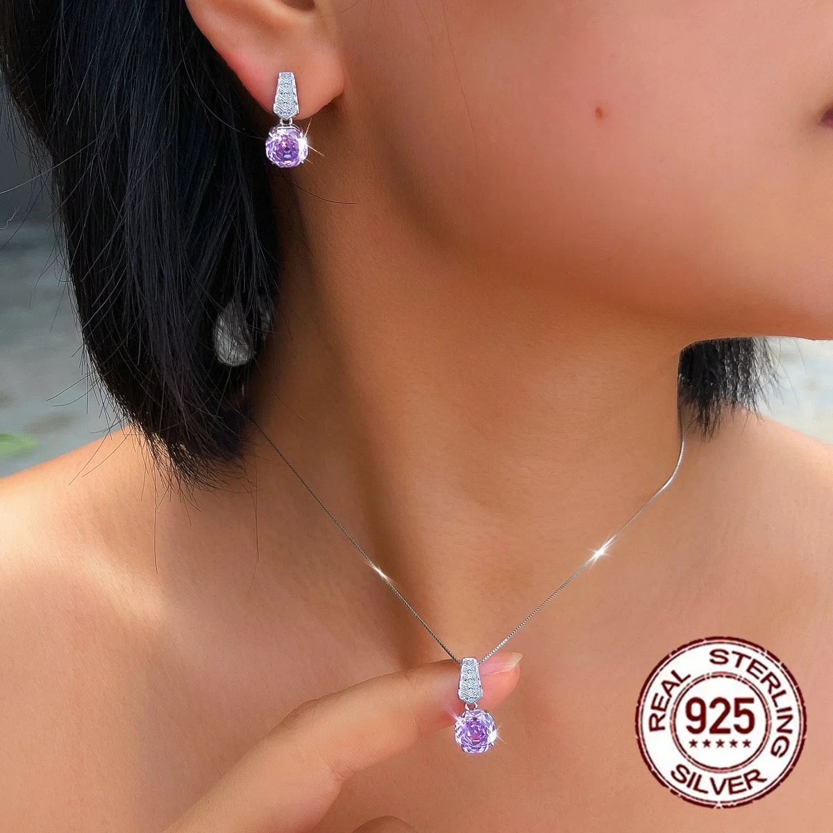 New Arrivals Sparkling High Carbon Rose CZ Flower Cut Cubic Zirconia Necklace and Earrings Purple Jewelry Set for Women