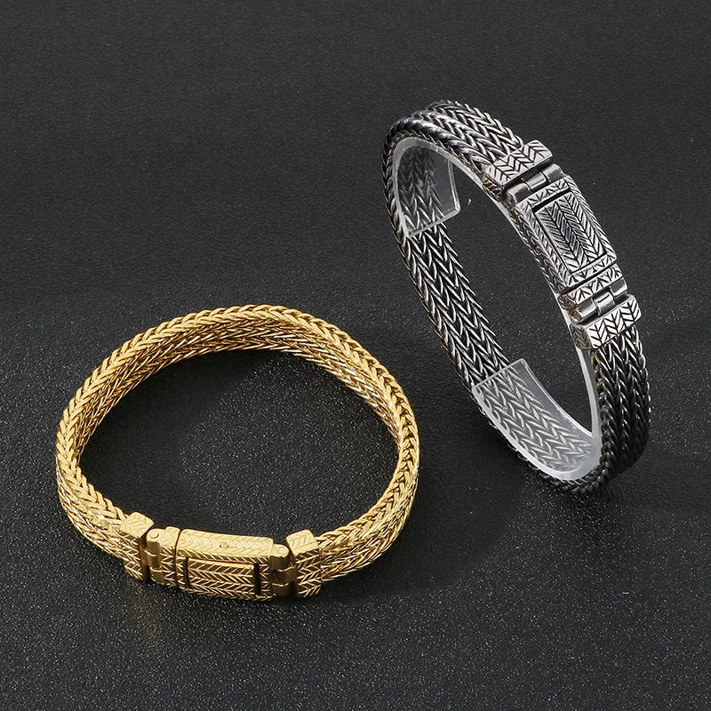 KALEN Men Punk 215mm Stainless Steel Leaf Mark Herringbone Links Bracelet