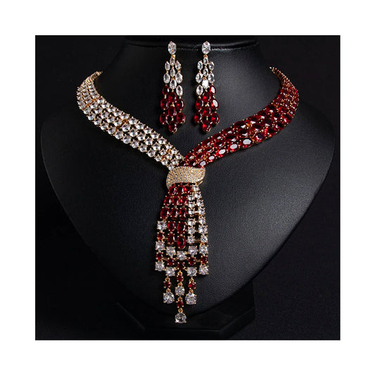 Luxury Oval-Cut Zirconia Dubai & Moroccan Tassel Statement Necklace & Earrings Bridal Set — Gold & Rhodium Plated