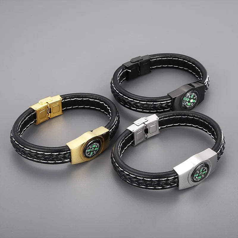 REBEL 210mm Unisex Trendy Ultrafiber Bracelet With Silver/Gold/Black Stainless Steel Compass