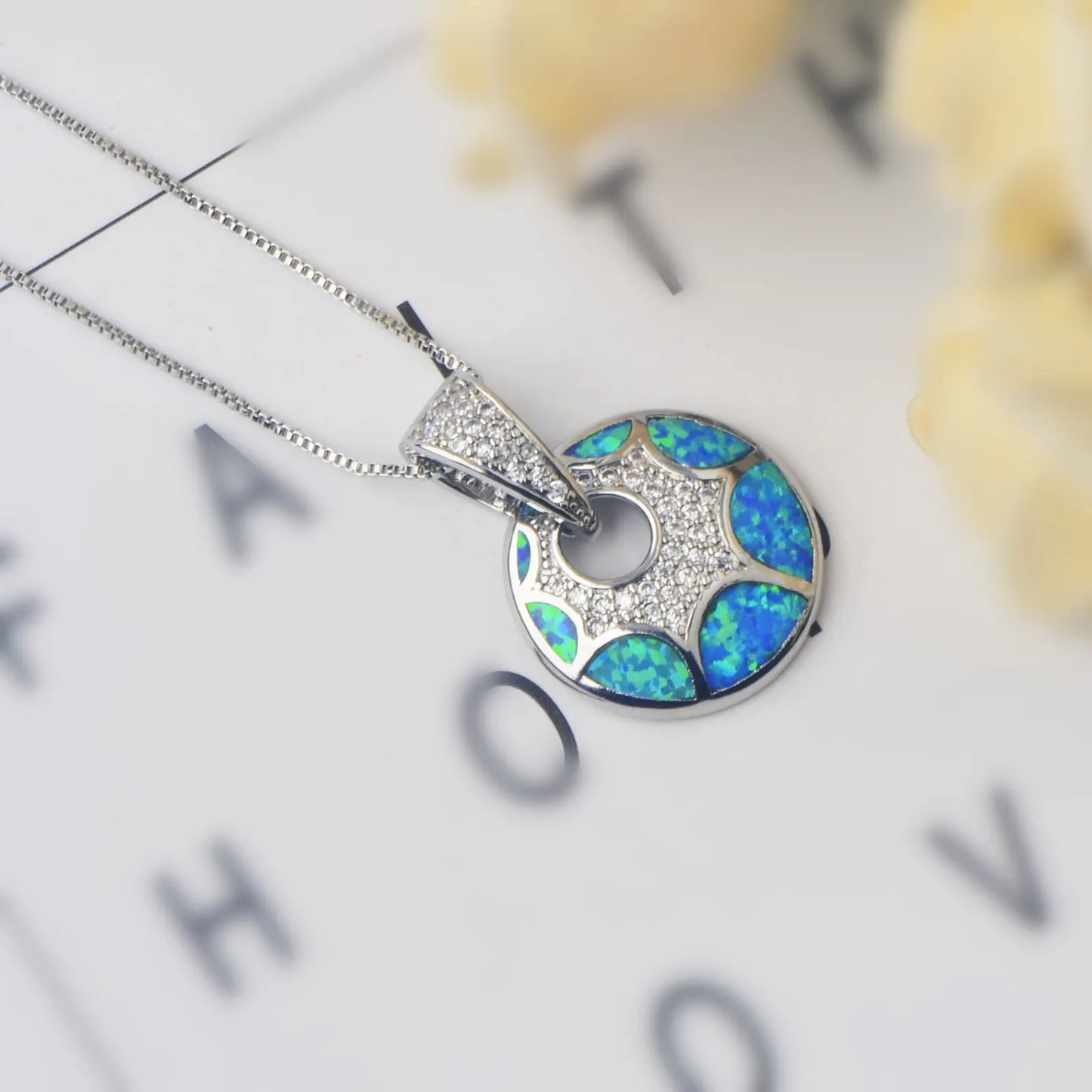 Artisan Blue Opal Pendant - Silver Plated Round Hollow CZ-Embedded Jewelry for Women Wholesale