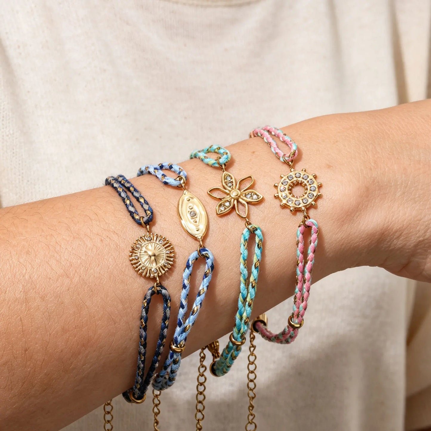 Joolim High End Gold Plated Waterproof Boho Woven Rope Sunburst Zirconia Pendant Stainless Steel Bracelet Wholesale Jewelry