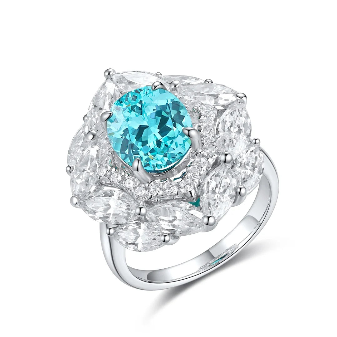 Gemfiori Vintage Lab Grown Paraiba S925 Sterling Silver Engagement Rings for Women Custom Design Wedding & Party Gift