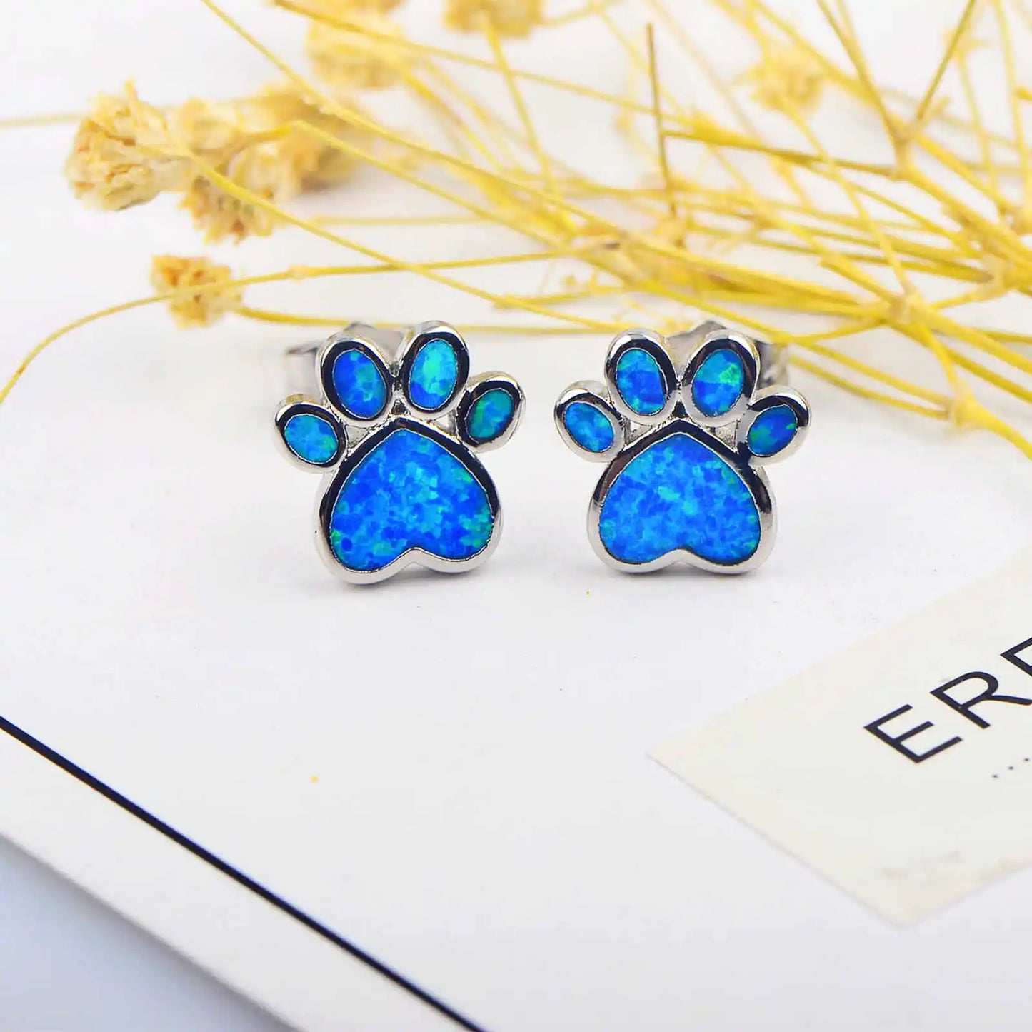 Whimsical Paw Print Opal Stud Earrings - Full Blue Fire Opal Inlaid Design | Pet-Lover Jewelry Bulk Gifts