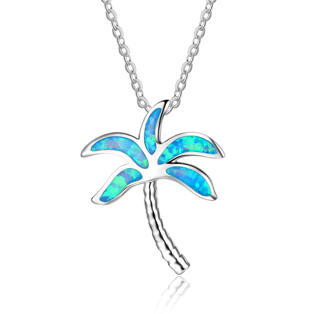 Coconut Palm Silver Plated Copper Alloy Opal Lariat Necklace for Women Aobao