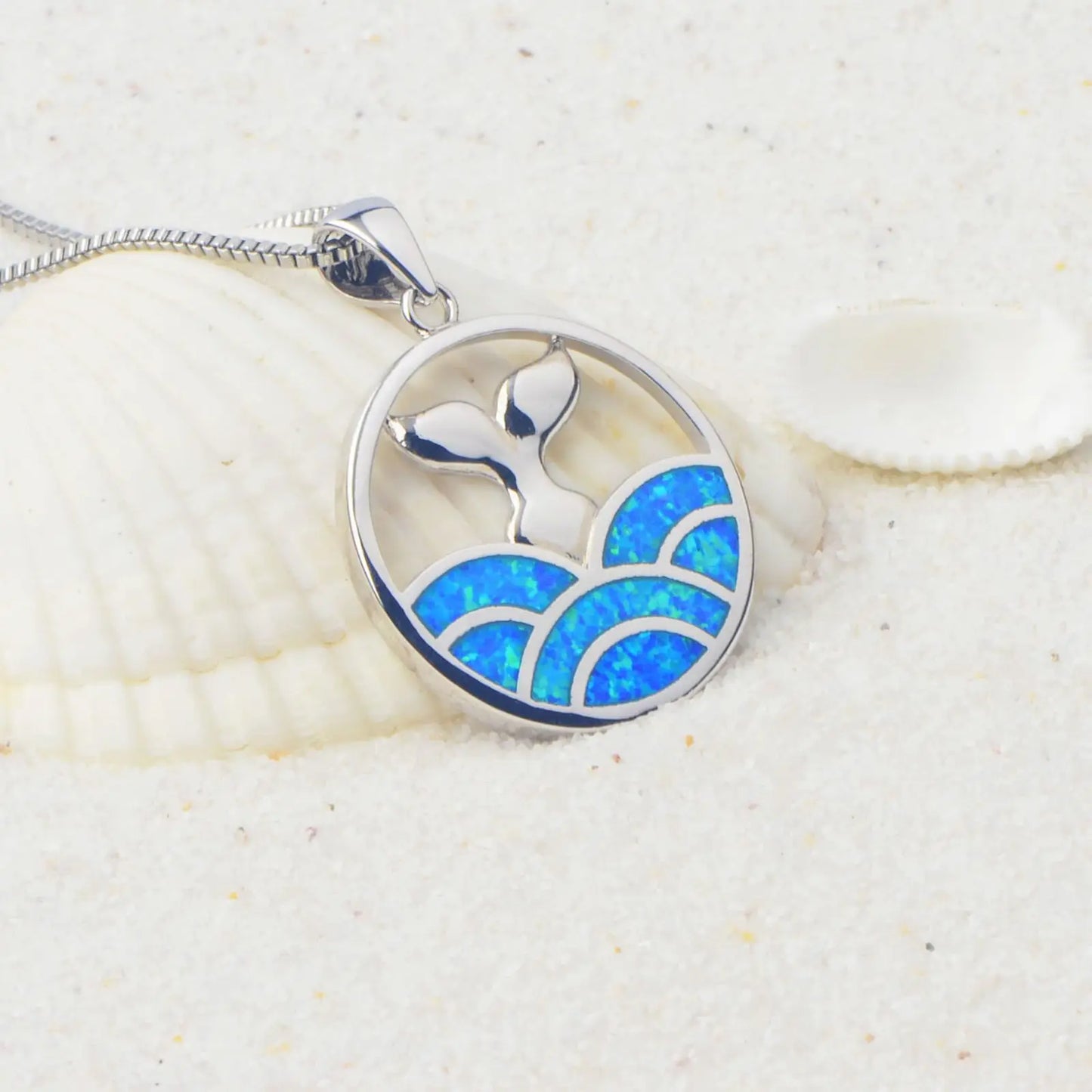 Aobao Trendy Christian Blue Opal Mermaid Tail Sweater Chain Surfing Necklace Silver Plated Copper Alloy Inlaid Lab Created Opal