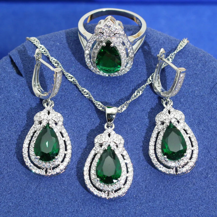 XOTICA Luxurious 925 Sterling Silver Jewelry Set for Women Green Zircon Earrings Necklace Pendant Ring for Weddings Dating Gifts
