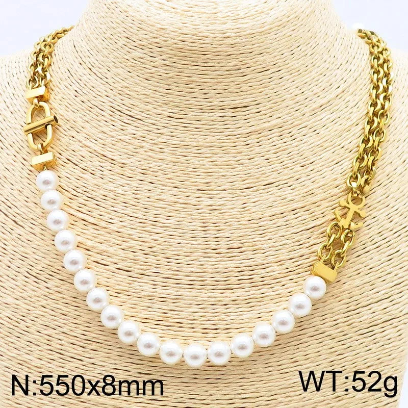 REBEL Unisex Elegant Noble Style Stainless Steel&Pearls Necklace