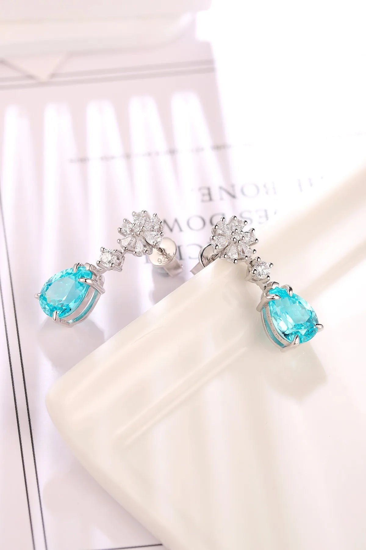 Gemfiori Anster Fine Jewelry Silver 925 White Simulated Zircon Pear Cutting 6 Ct Lab Grown Paraiba Stud Earrings for Gift