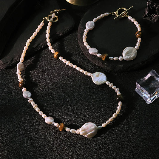 GLSEEVO Natural Freshwater Pearl & Tiger Eye Stone 2-Piece Jewellery Set — Coin Pearl, Seed Pearl & Toggle Clasp Necklace & Bracelet
