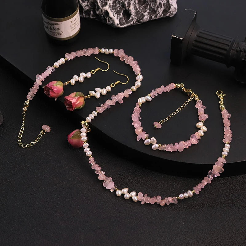 Natural Freshwater Pearl Pink Bud Jewelry Set for Women Daily Wear Dating Valentine's Day Pearl Jewelry Set Bohemian Jewelry