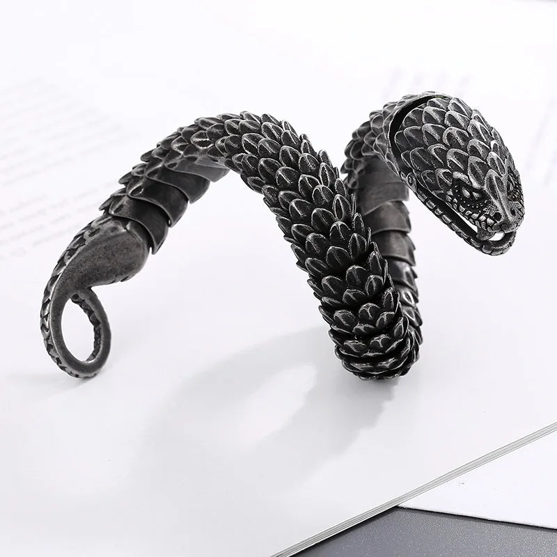 REBEL 220mm Men Punk Oxidized Black/Silver/Gold Stainless Steel Feathers Snake Links Bracelet
