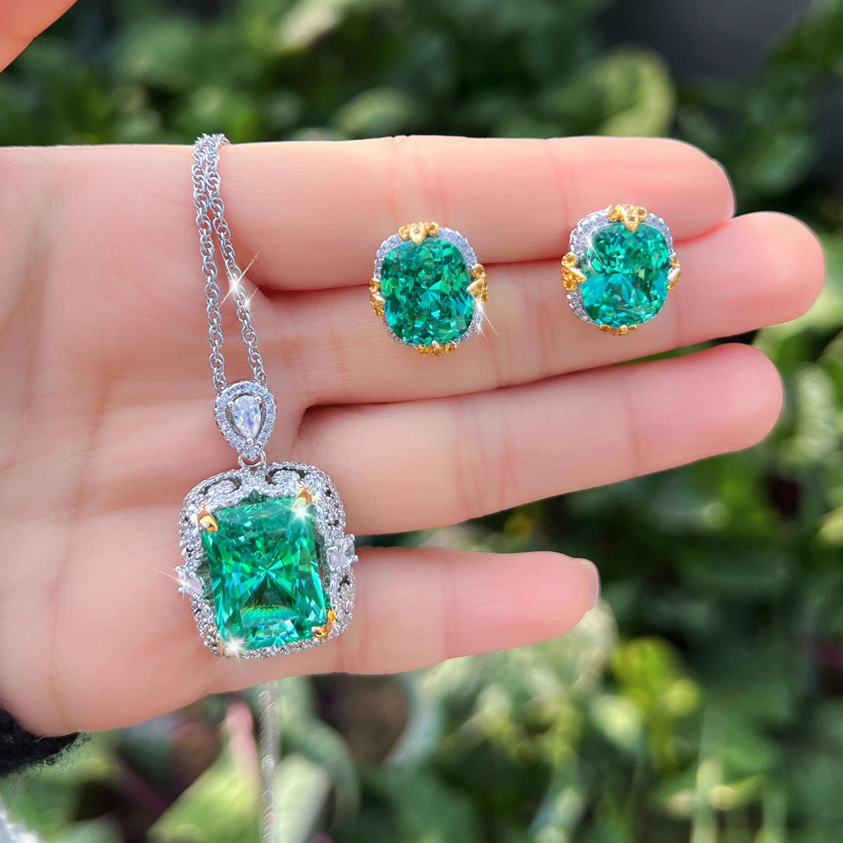 Big Green CZ Rhodium Plated Jewelry Set Princess Cut Cubic Zircon Pendant Necklace Stud Earrings Jewelry Set for Brides Wedding