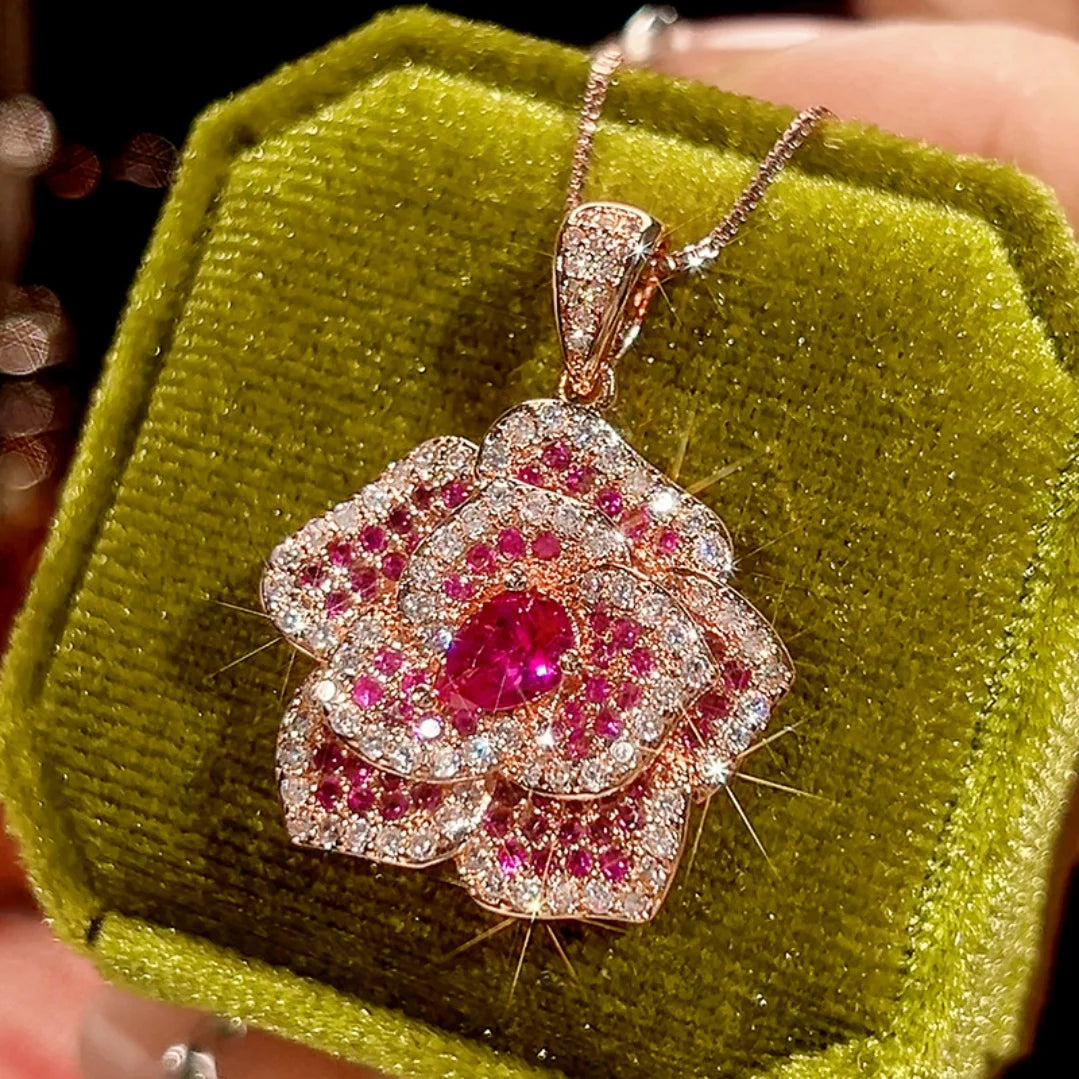 S&S Rose Gold Plated Pavé Red Zircon Floral Jewellery Set – Collection