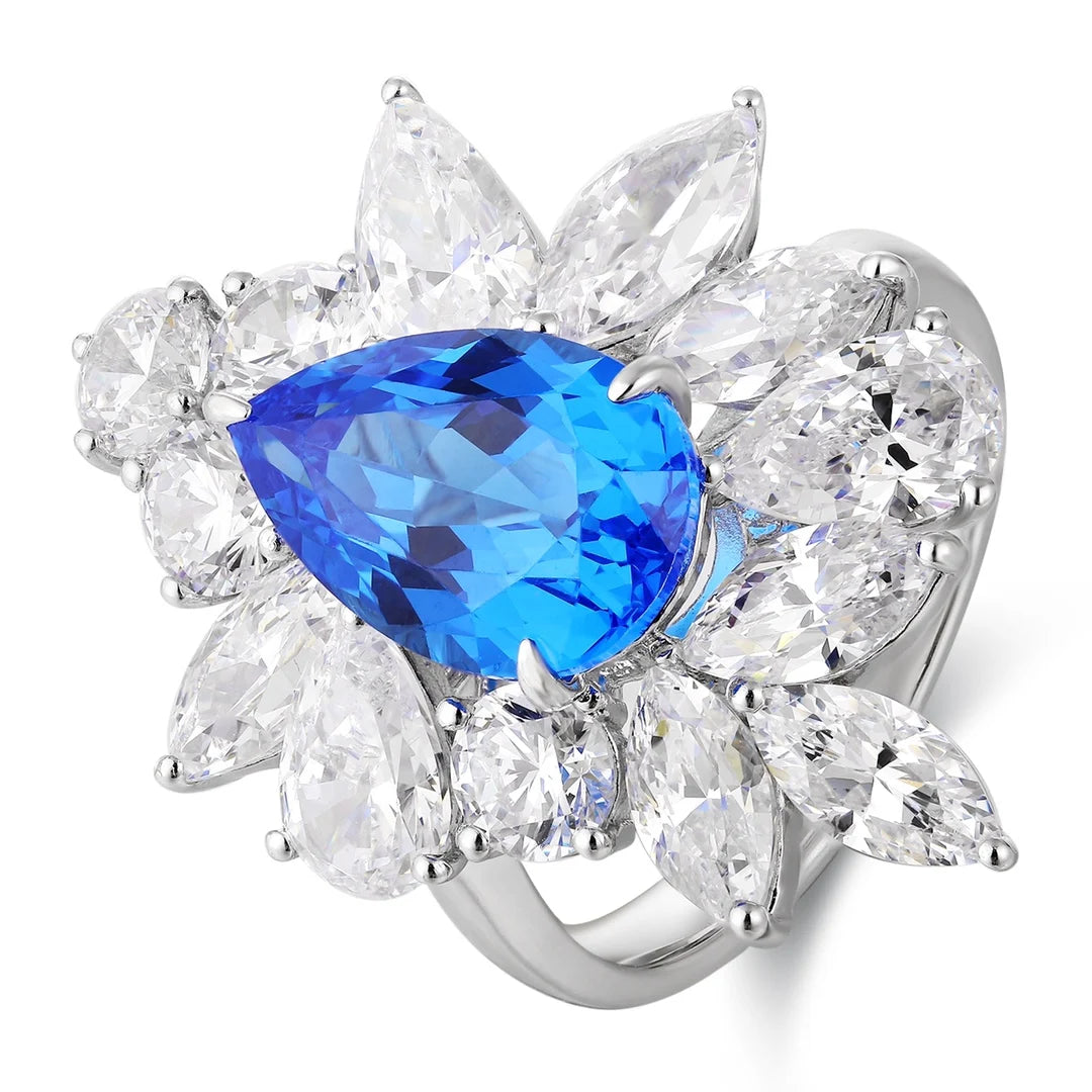 Gemfiori Anster Pear Cut Lab Created Diamonds and Ring S925 Sterling Silver Lab Made Cobalt Spinel Women Ring