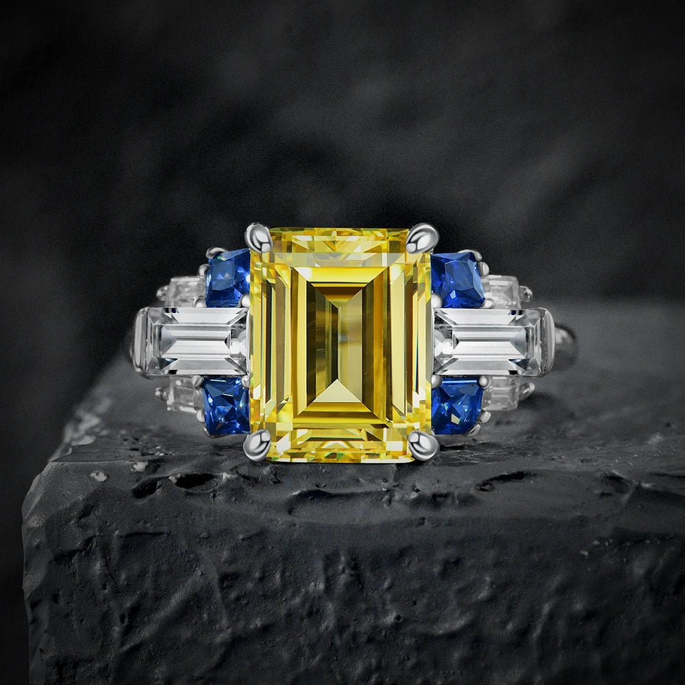 MuShan Jewelry Factory S925 Silver 4 Carat Artificial Gemstone Rectangular 8*10 Ring High Carbon Diamond Light Luxury Ring
