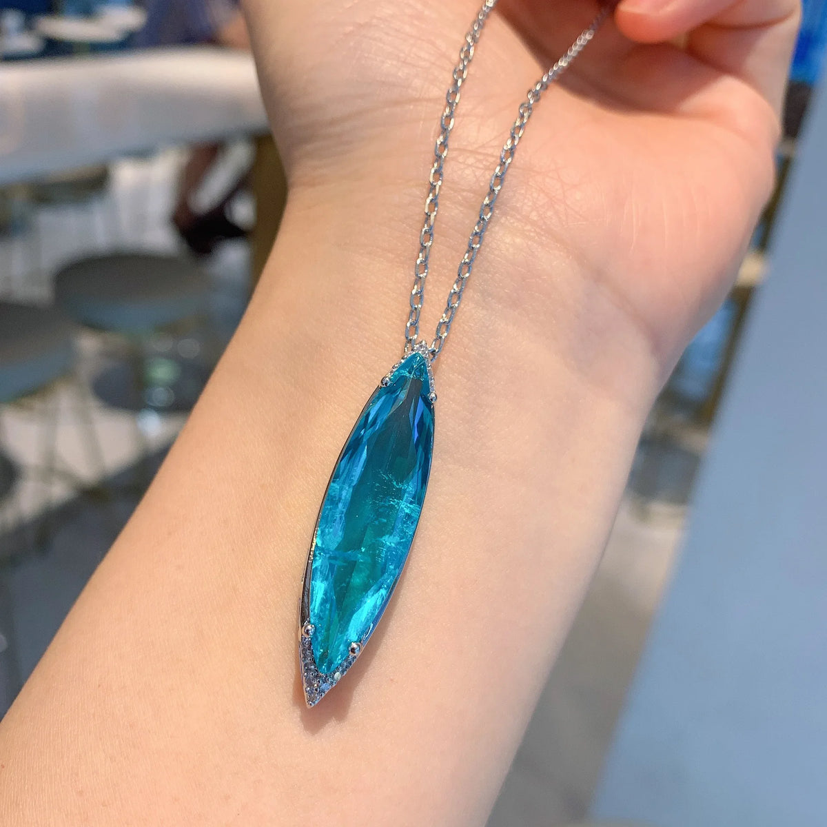 Gemfiori Sliver Plated Necklace and Drop Earrings Pave Setting Charm Sea Blue Crystal Pendant Fashion Party Dangle Jewelry Gift for Women