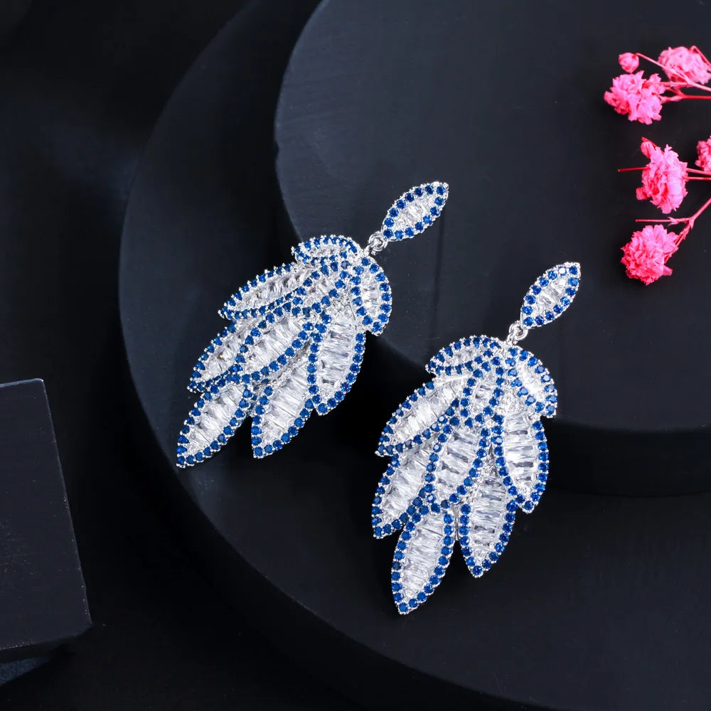 S&S Blue CZ Feather Leaf Full Pavé Dangle Earrings – 925 Silver Pin – Rhodium Plated – Collection
