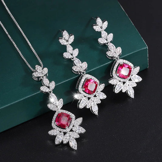 Factory Wholesale Eco-friendly Copper Round Cut 8*8mm Red Cubic Zirconia Tassel Earings and Neckless Set