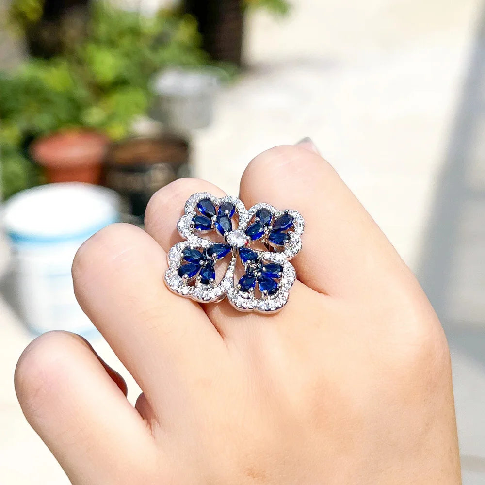 S&S CZ Pavé Chunky Flower Statement Ring – Colourful, Blue & Green – Collection