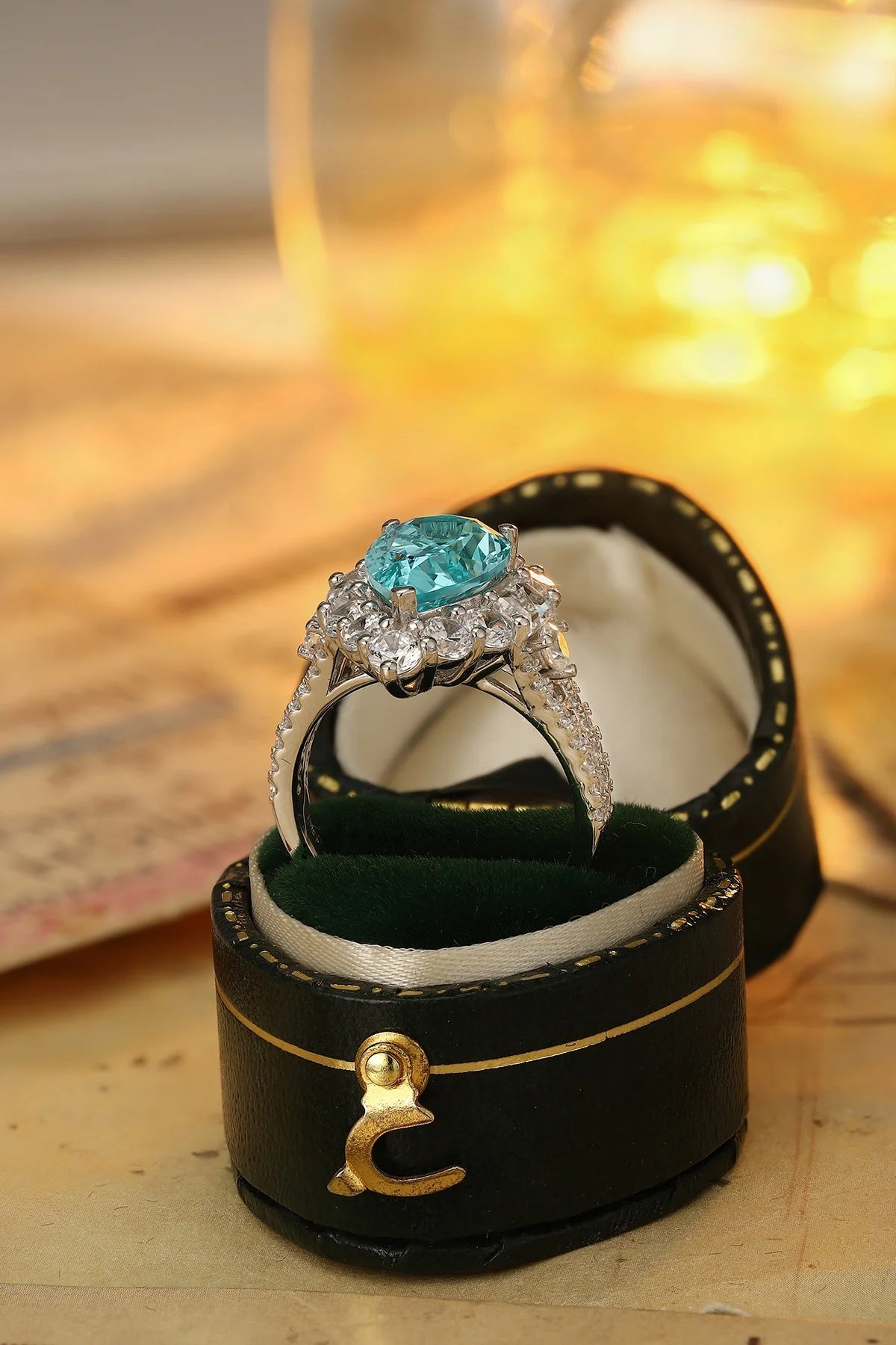 Gemfiori Vintage Lab Grown Paraiba Engagement Ring Sterling Silver 925 Rhodium Plated Pear Cut Wedding for Her Men's Anniversary Party