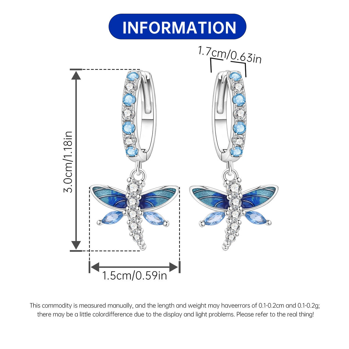 S&S Gradient Blue Enamel Dragonfly Drop Earrings – CZ Zircon – Collection
