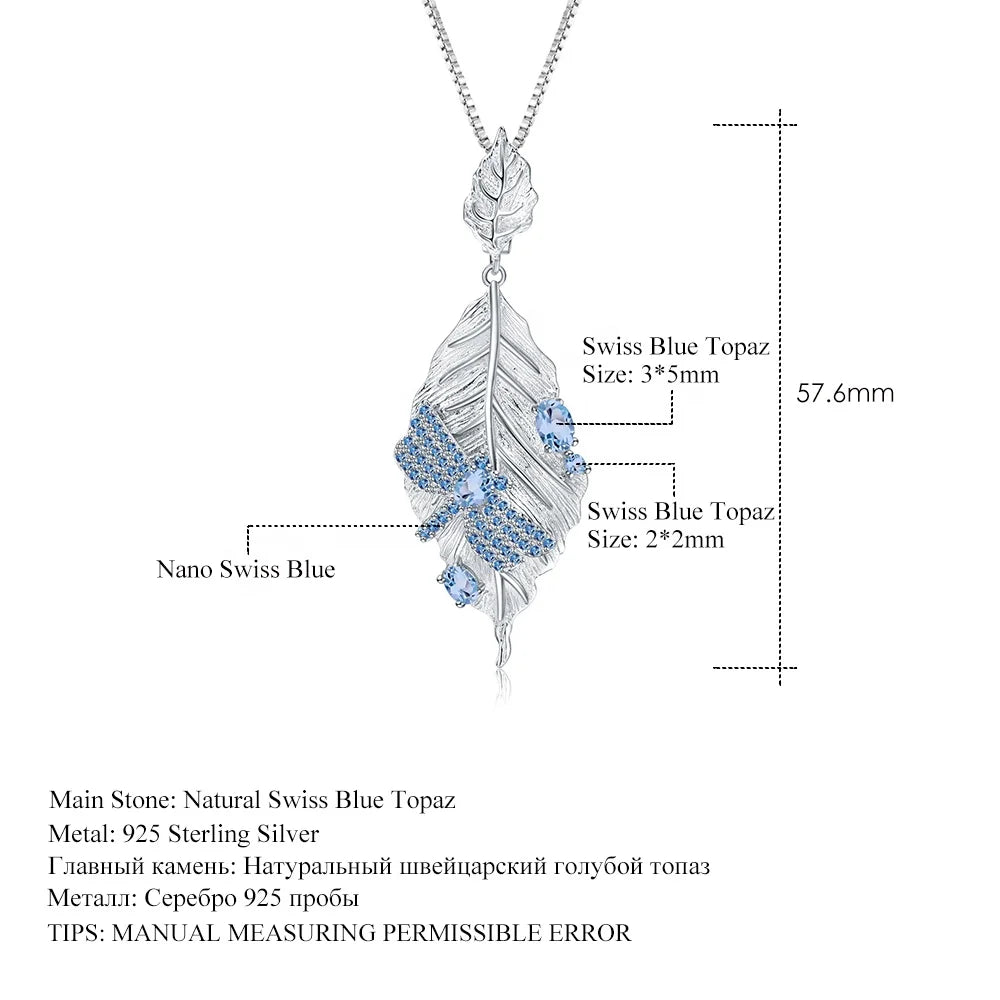ArtistA Abiding Custom Designer Style 925 Silver Leaf Shaped Swiss Blue Topaz Dragonfly Necklace Earring Ring Jewelry Set for Women
