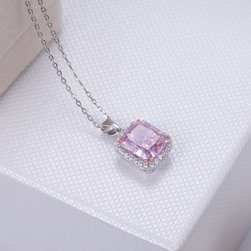 Messi Jewelry MSN-657  5 Carat Carbon Diamond Pink Necklace Cubic Zirconia Radiant Cut Silver Pendant for Daily Decorations