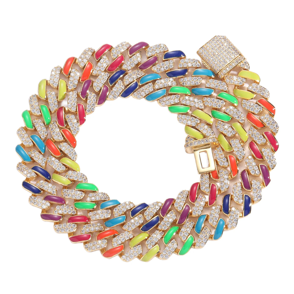 New Bracelets Colorful Rainbow Jewelry Stacked 12mm 5a Cubic Zirconia Cuban Link Chain Cz 5mm 20 Inch Necklace with Zircon