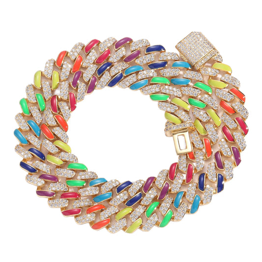 New Bracelets Colorful Rainbow Jewelry Stacked 12mm 5a Cubic Zirconia Cuban Link Chain Cz 5mm 20 Inch Necklace with Zircon