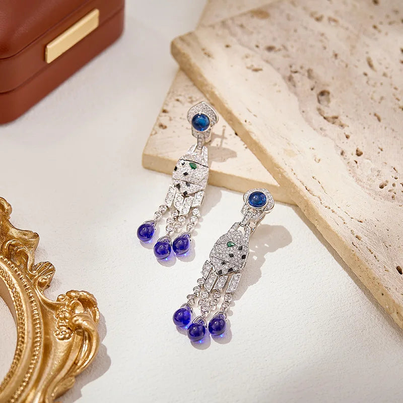 Luxury Leopard Print Teardrop Zirconia Necklace & Earrings Set — Blue & Green
